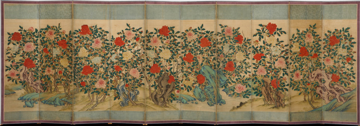 Minhwa folk painting of a peonies in progress on hanji paper