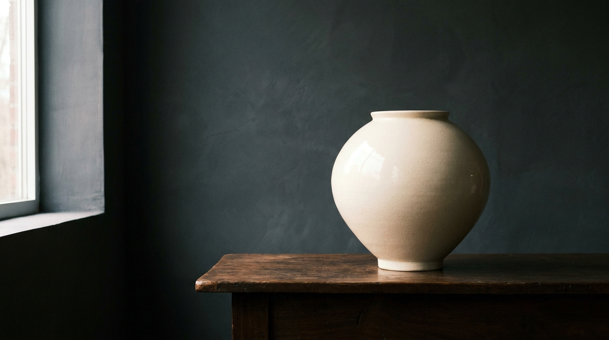 Joseon baekja white porcelain moon jar in soft window light