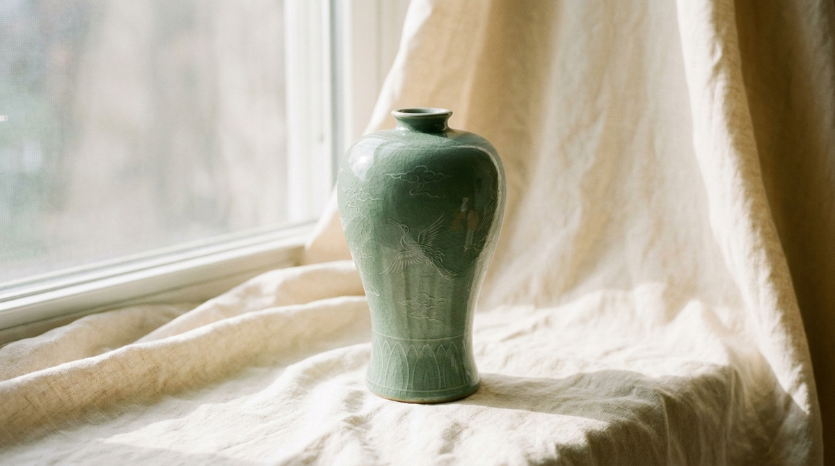 Goryeo celadon vase with crane and cloud inlay on cream linen