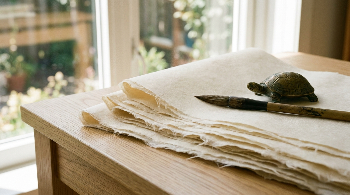 Layered hanji mulberry paper with torn fibre edges, brush and paperweight