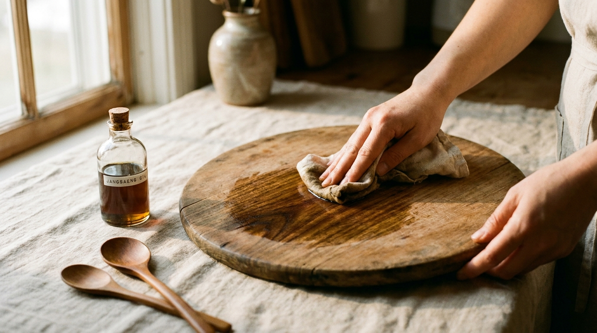 Oiling a Korean wooden serving board with a soft cloth