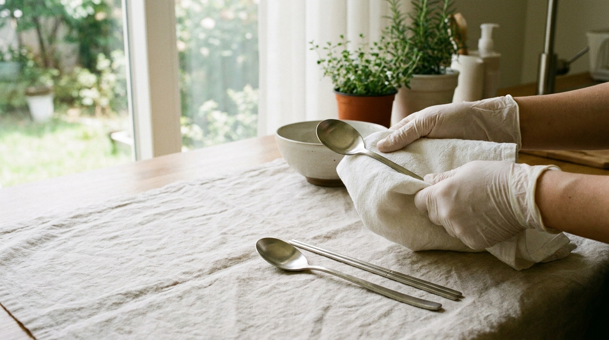 Drying stainless steel Korean sujeo with a linen cloth