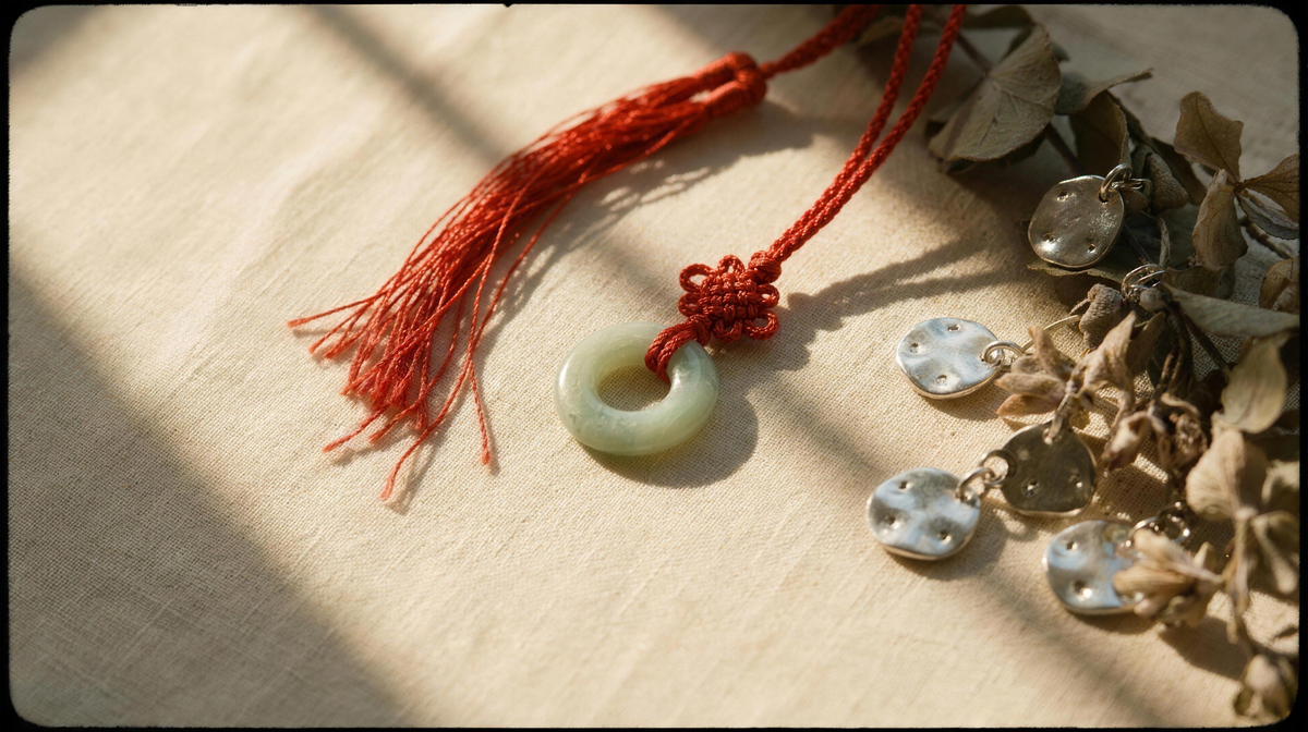 Korean artisan jewellery on cream linen — photoreal film texture