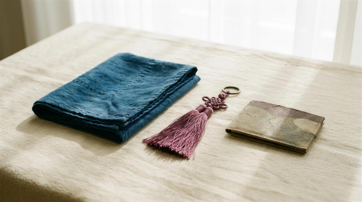 Korean craft accessories on cream linen — photoreal film texture