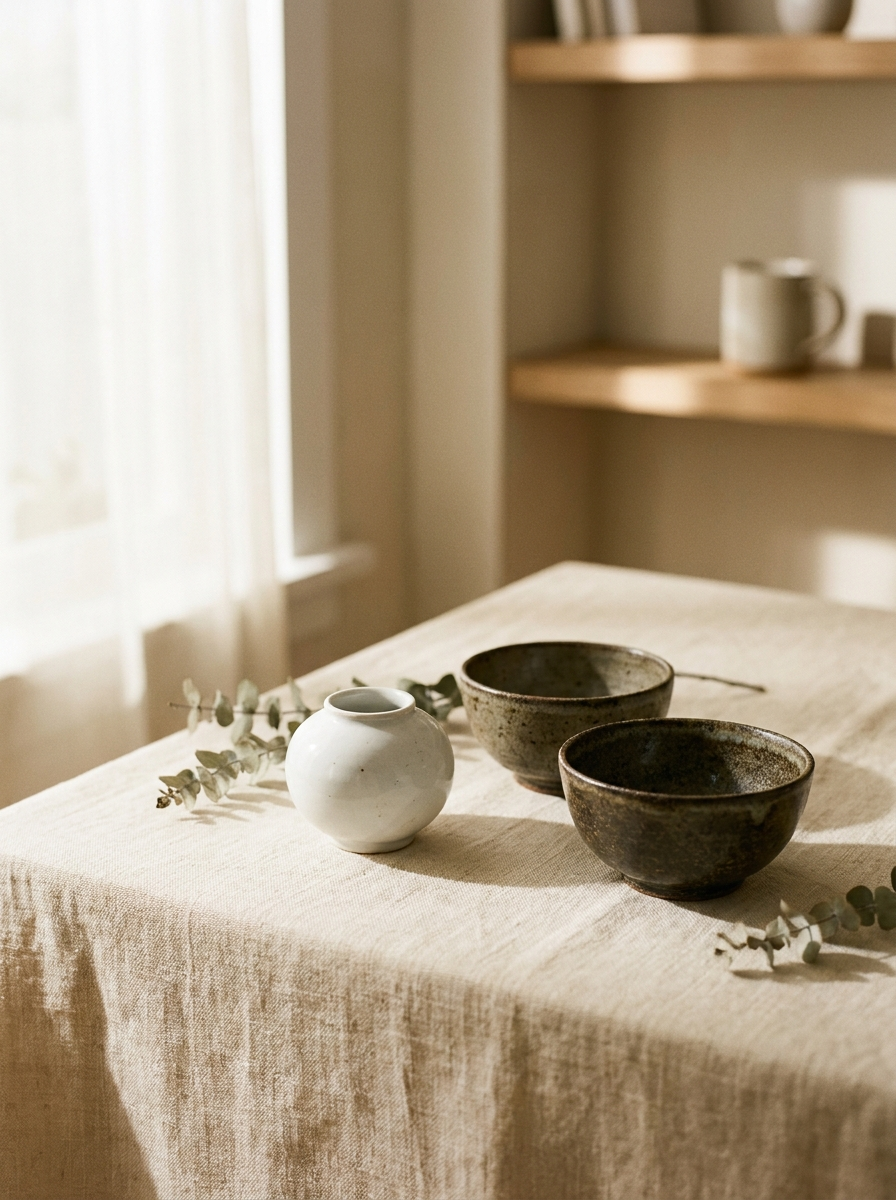Housewarming gift: Korean moon jar and stoneware bowls on cream linen