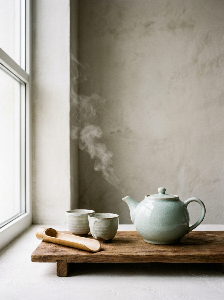 Tea lover gift: celadon teapot with cups and bamboo scoop on wooden tray