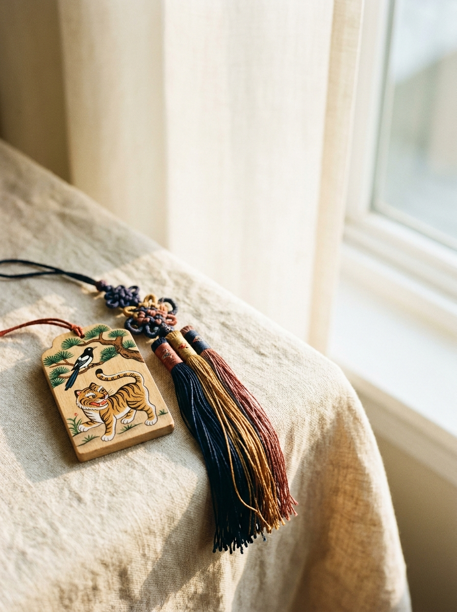 Good fortune gift: minhwa tiger and magpie charm with embroidered norigae