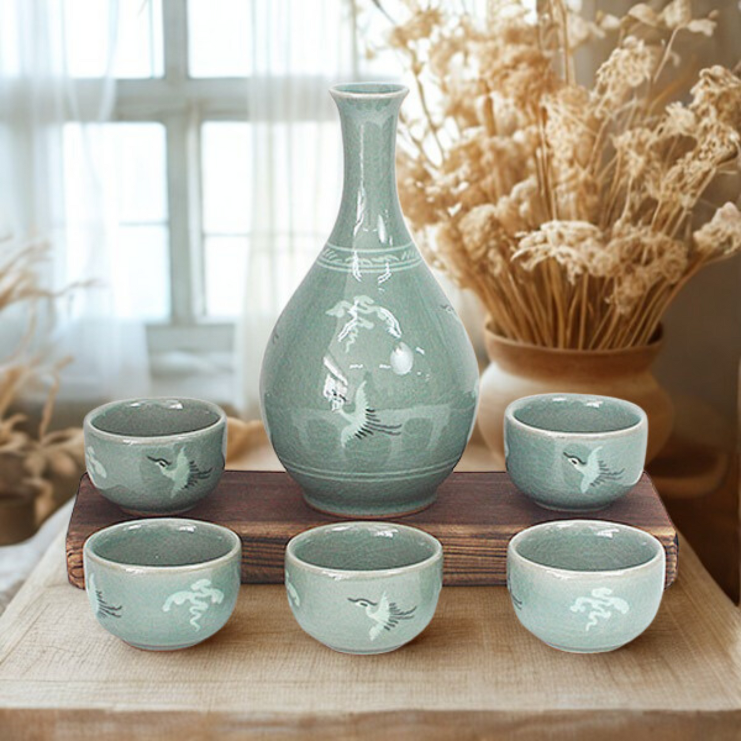 Celadon Crane Soju Set – Korean Carafe & Cups