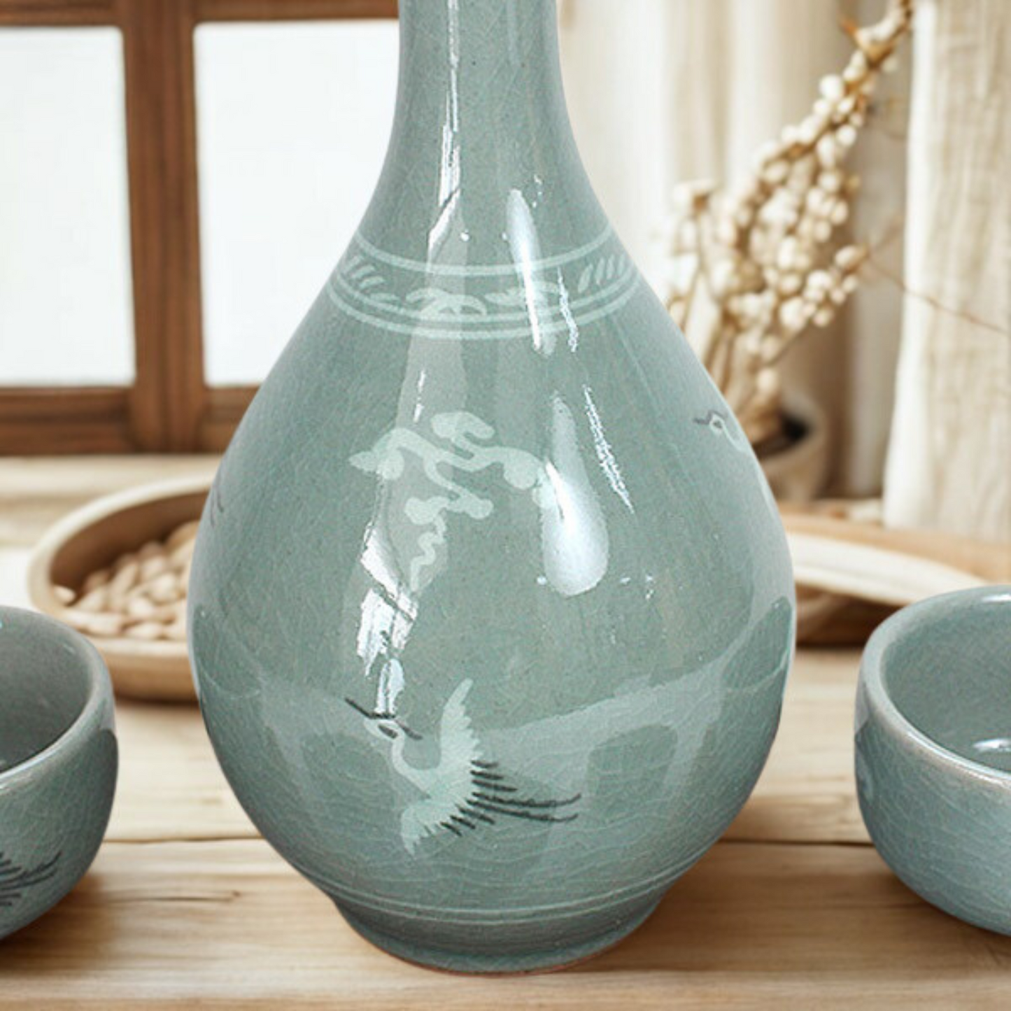 Celadon Crane Soju Set – Korean Carafe & Cups