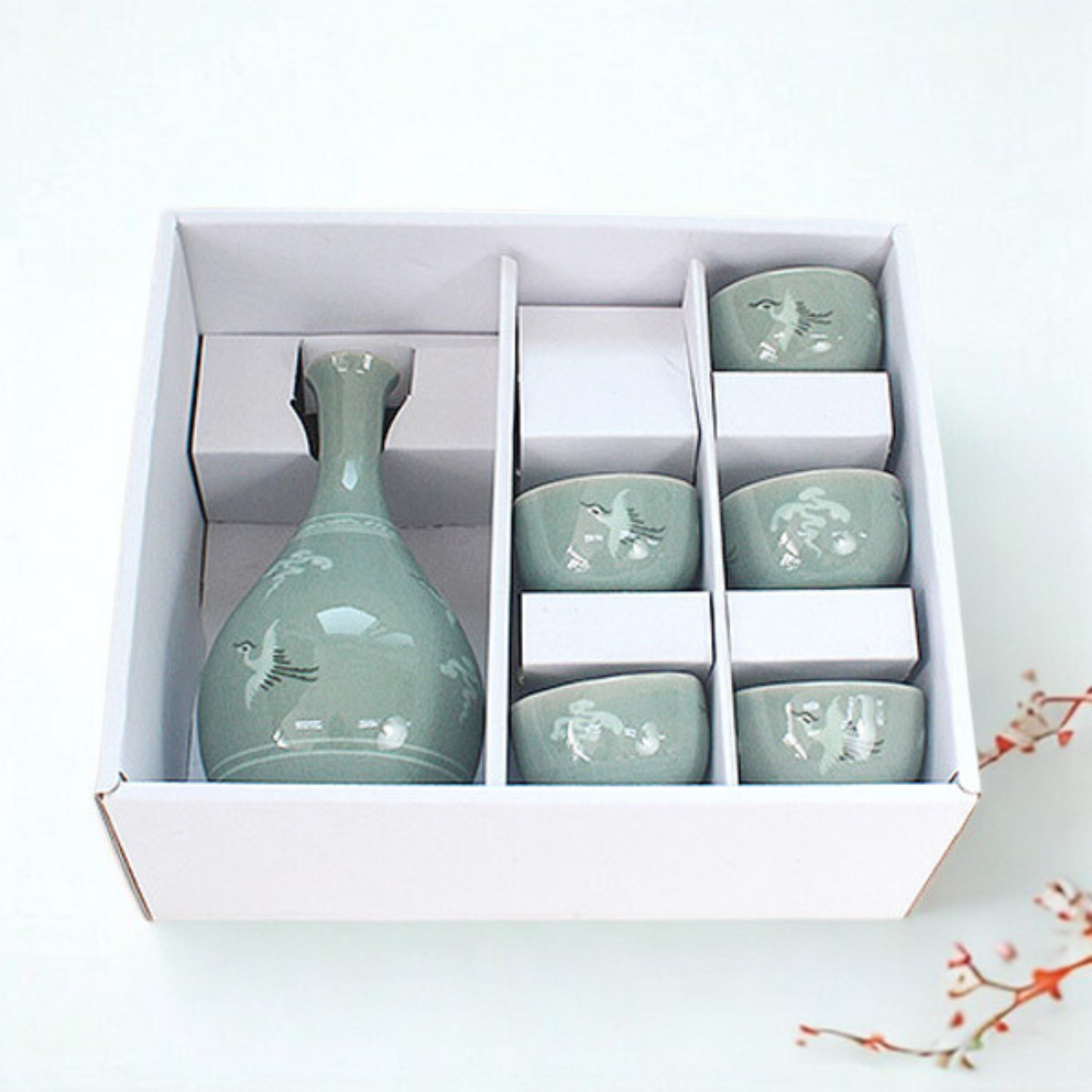 Celadon Crane Soju Set – Korean Carafe & Cups