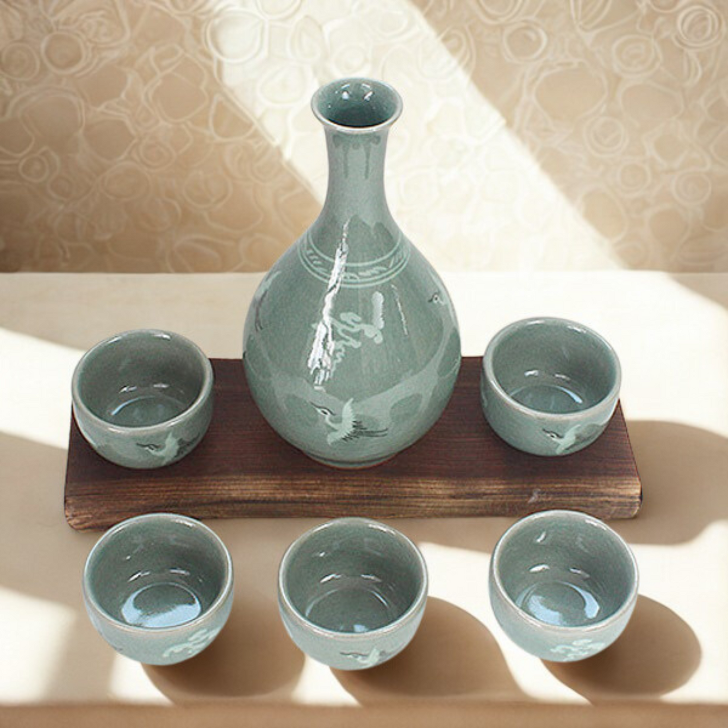 Celadon Crane Soju Set – Korean Carafe & Cups