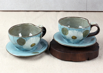 Cosmos Sky Coffee Cup Set – hand-painted sky blue mugs front view | PEUM Korean Houseware