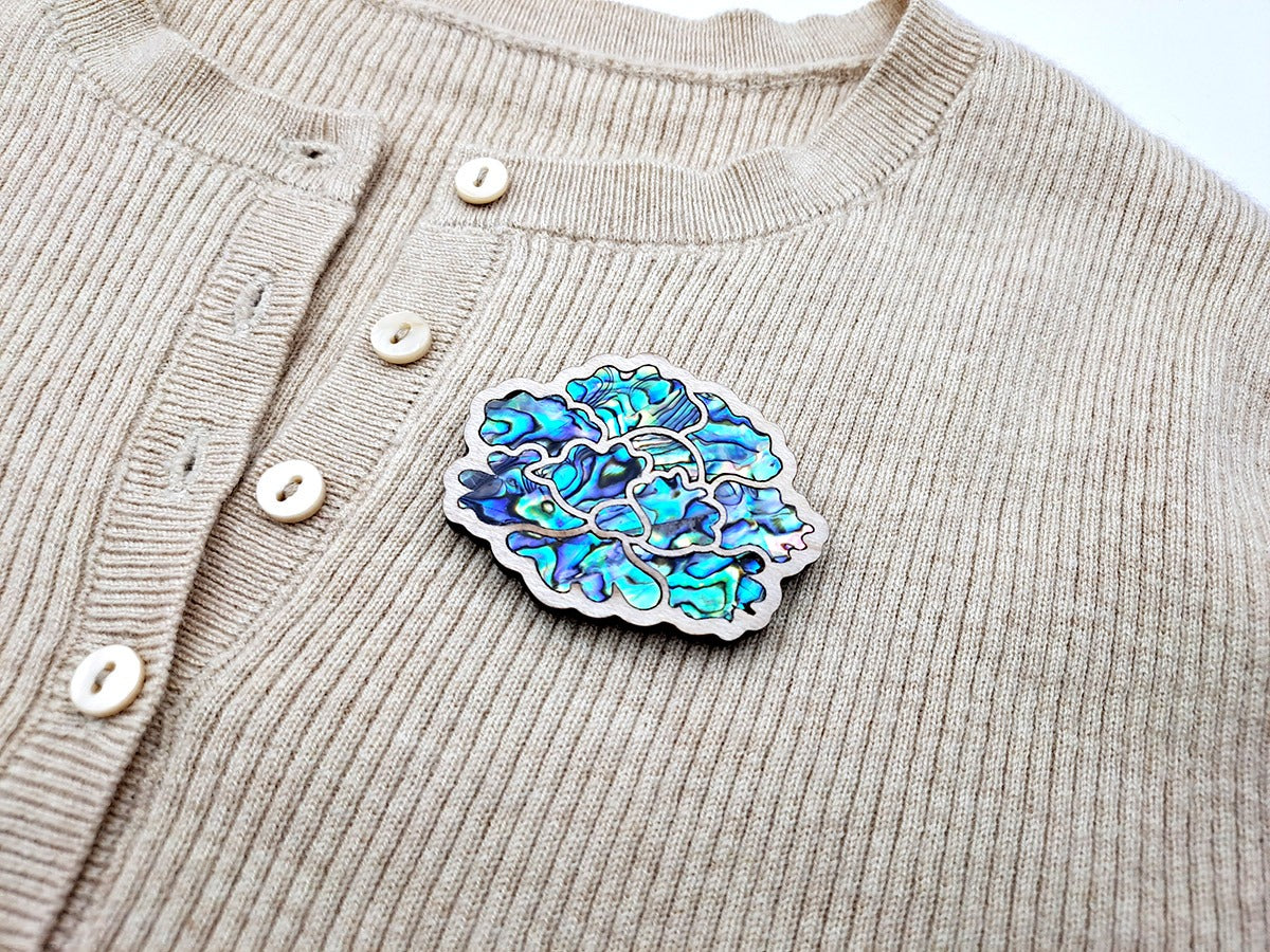 Mother of Pearl Inlay Brooch – Hero Shot, Jagae Iridescence on Maple Wood | PEUM Korean Houseware