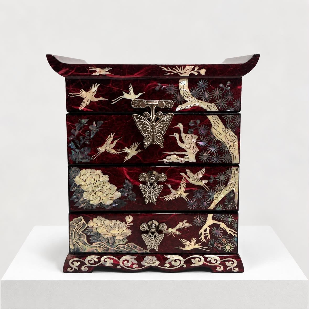 Red crane jewellery chest in Korean najeon lacquer, front view – PEUM