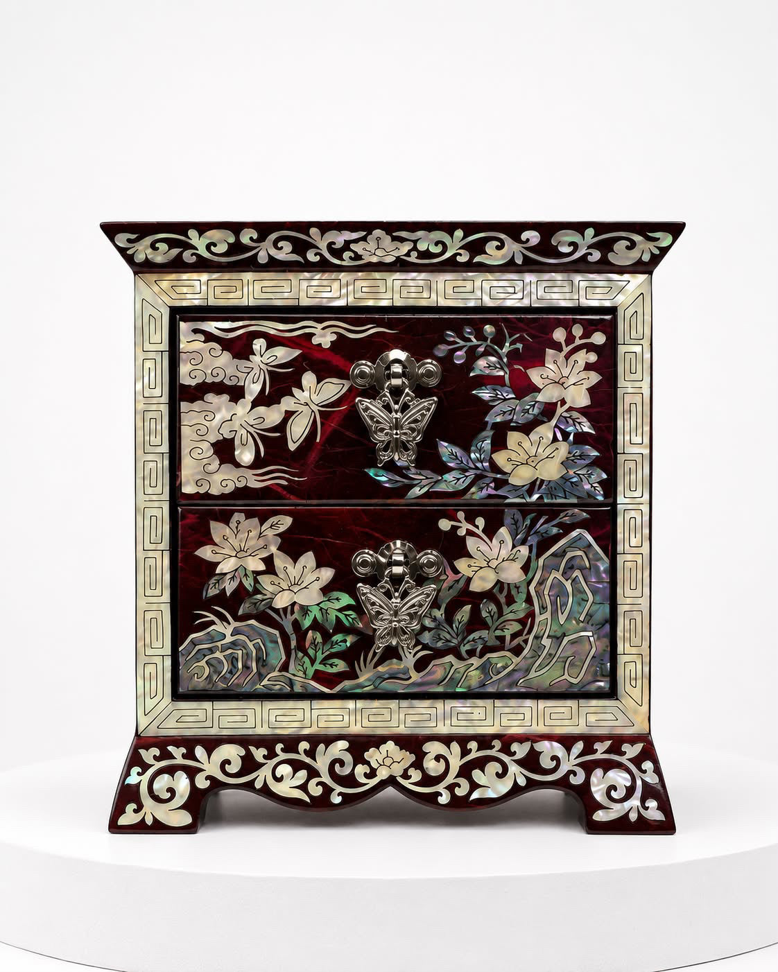 Crane two-drawer Korean jewellery chest in red najeon lacquer, front view – PEUM
