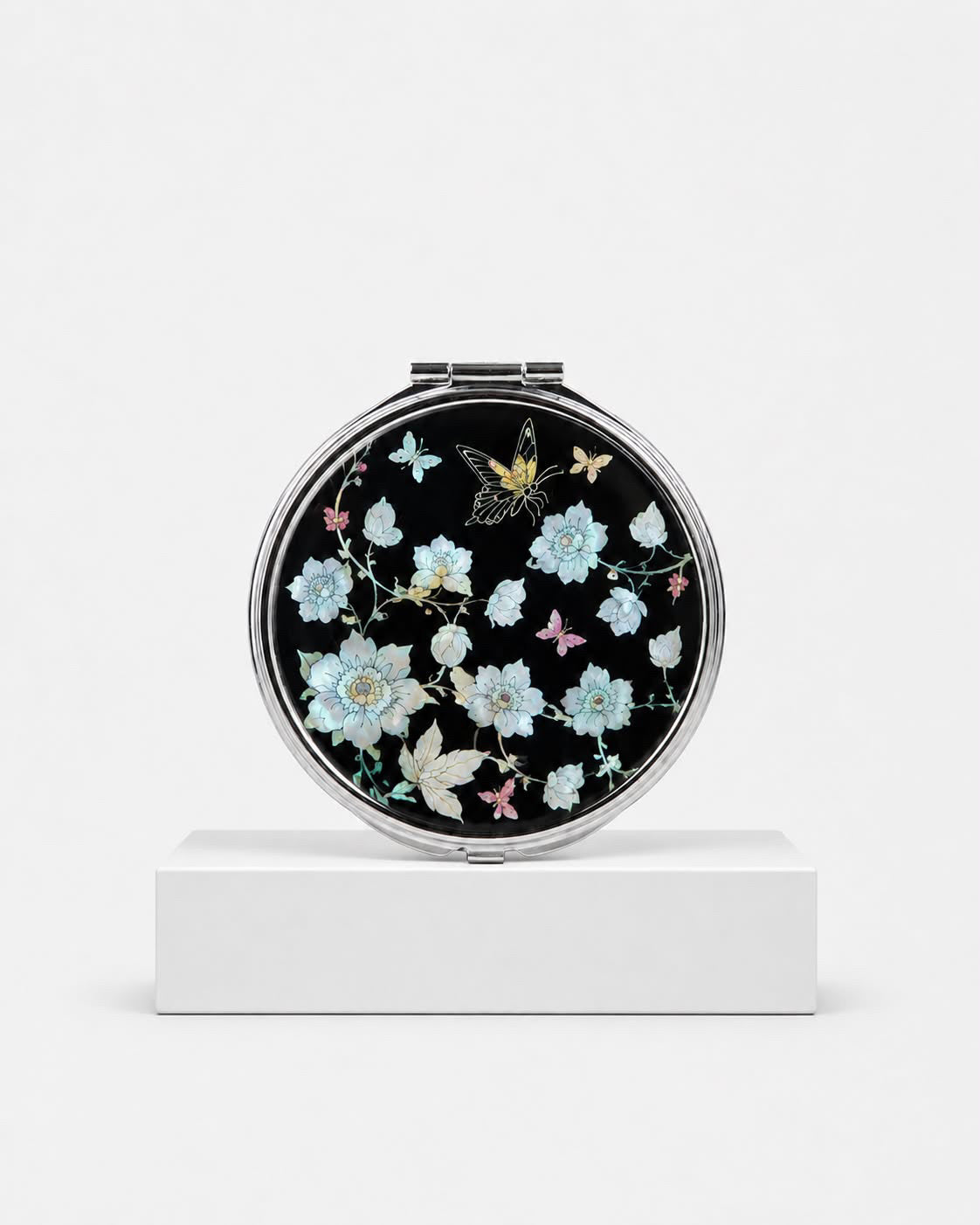 Korean mother-of-pearl compact mirror with floral butterfly najeon inlay – PEUM