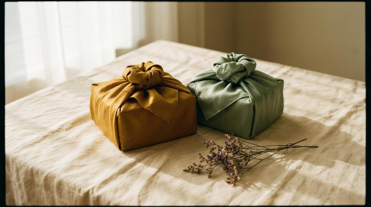Two bojagi-wrapped gifts in ochre and celadon silk on cream linen