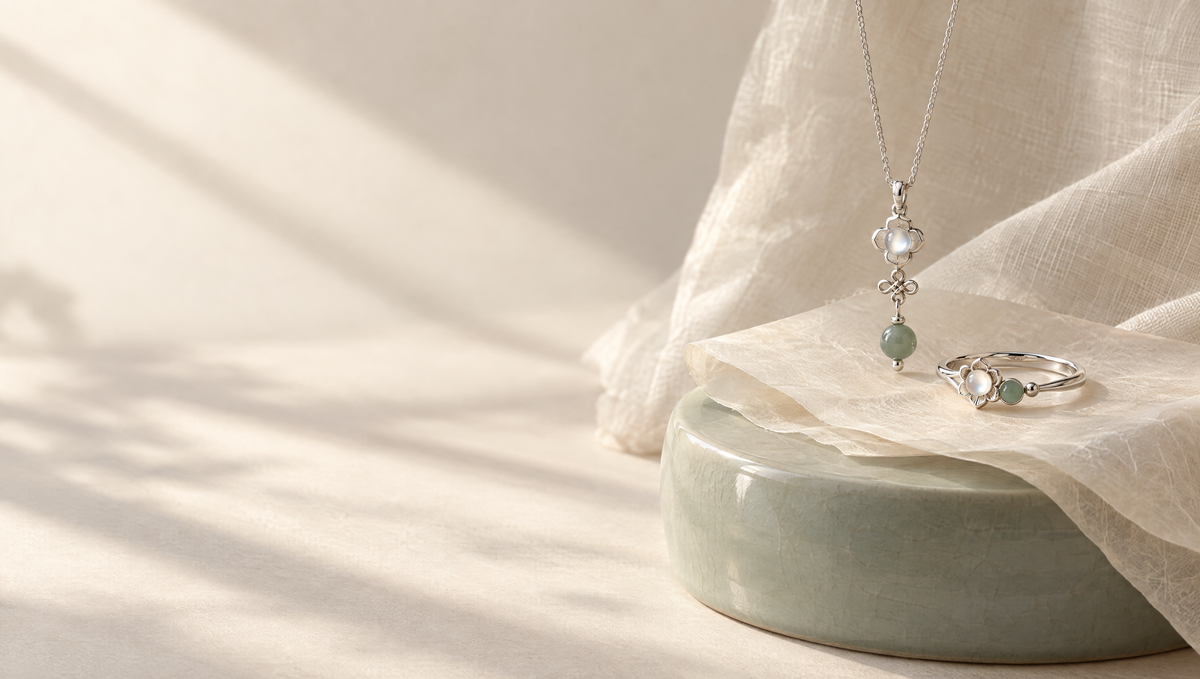 Sterling silver ring and pendant with jade and moonstone, inspired by Korean traditional motifs, resting on hanji paper and a celadon plinth