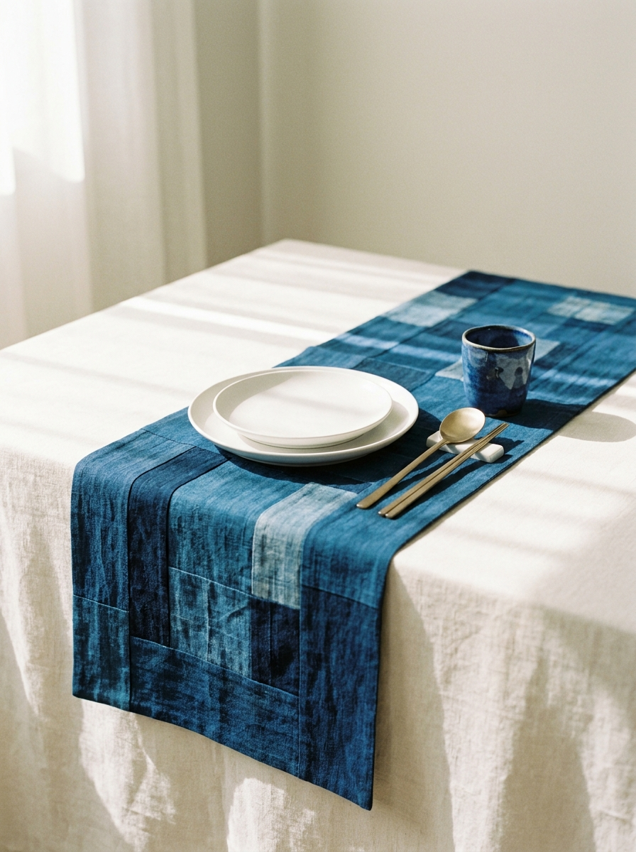 Modern Korean table setting with indigo jogakbo runner, white porcelain and brass sujeo