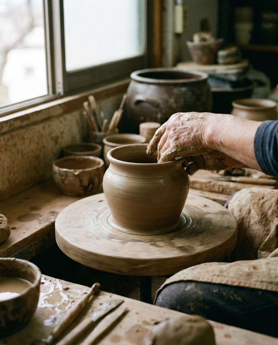 Korean potter's hands shaping clay on a wheel, natural window light