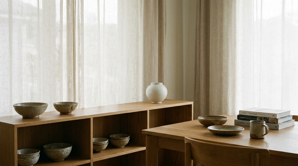 Korean handthrown ceramics styled on an oak shelf in a modern apartment