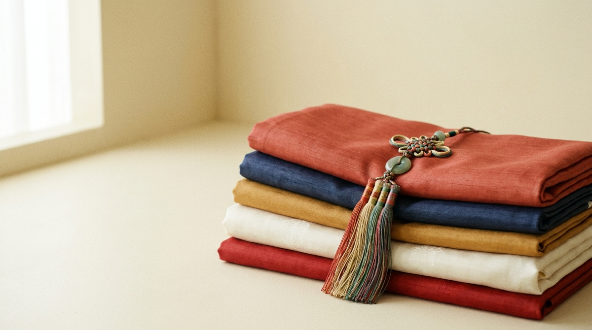 Folded hanbok silks in obangsaek colours with a Korean knot ornament