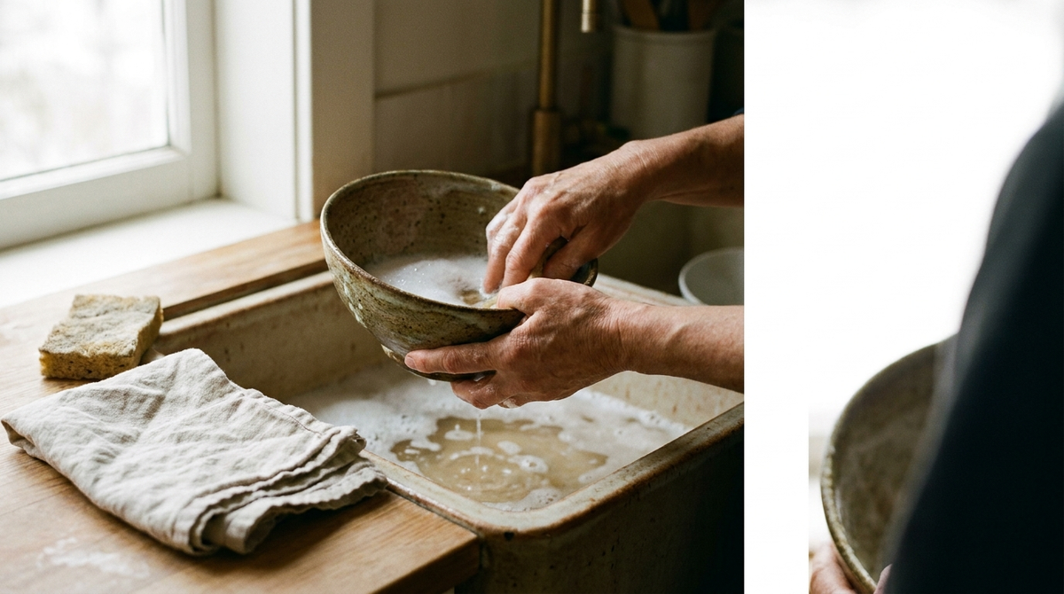 Hands gently washing a Korean stoneware bowl in warm soapy water