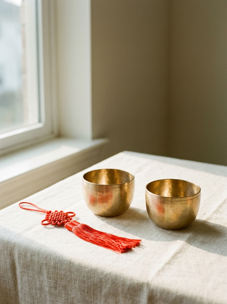 Wedding gift: pair of Korean bangjja brass cups with vermilion maedeup knot