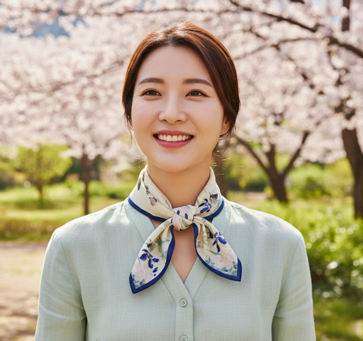 Woman wearing a light green blouse with a floral scarf in front of cherry blossom trees