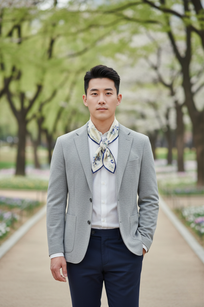 Man in a gray blazer with a floral tie standing in a park