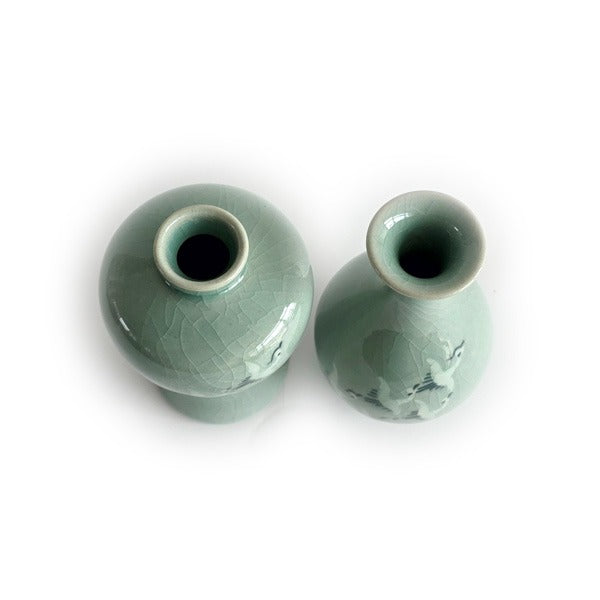 Crane Celadon Bottle Pair – Korean Ceramic Mini Vase Set (12cm)
