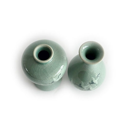 Crane Celadon Bottle Pair – Korean Ceramic Mini Vase Set (12cm)