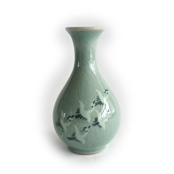 Crane Celadon Bottle Pair – Korean Ceramic Mini Vase Set (12cm)