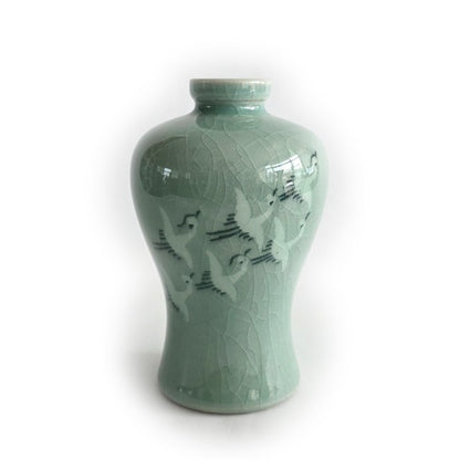 Crane Celadon Bottle Pair – Korean Ceramic Mini Vase Set (12cm)