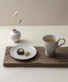 Buncheong Gwang Heritage Cup and Saucer Set – Angled View, Joseon Stoneware Character | PEUM Korean Houseware