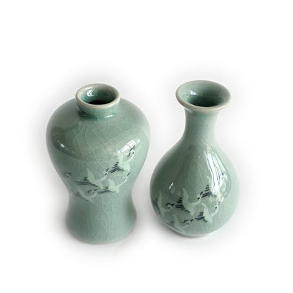 Crane Celadon Bottle Pair – Korean Ceramic Mini Vase Set (12cm)