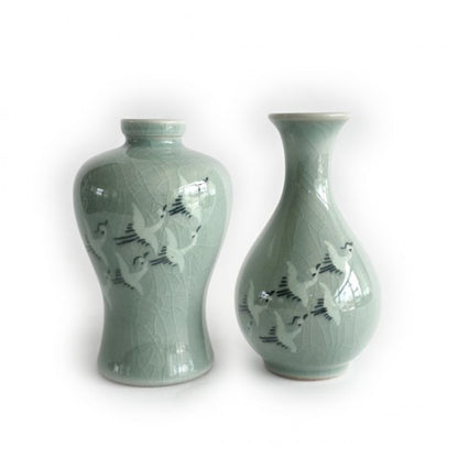 Hak Crane Celadon Bottle Pair – Korean ceramic mini vase set 12cm