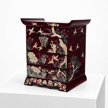 Red crane jewellery chest, angled view with butterfly pulls – PEUM