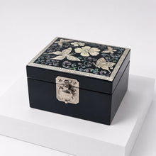 Black lacquer butterfly jewellery box, angled view of mother-of-pearl lid – PEUM