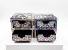 Twin-cube butterfly jewellery box folded open with four velvet drawers – PEUM