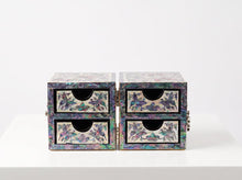 Pearl butterfly jewellery box folded open with four velvet-lined drawers – PEUM