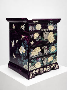 Violet jewellery chest with butterfly pulls, angled view – PEUM