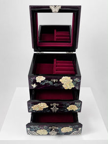 Peony jewellery chest open, showing mirrored top compartment and velvet drawers – PEUM