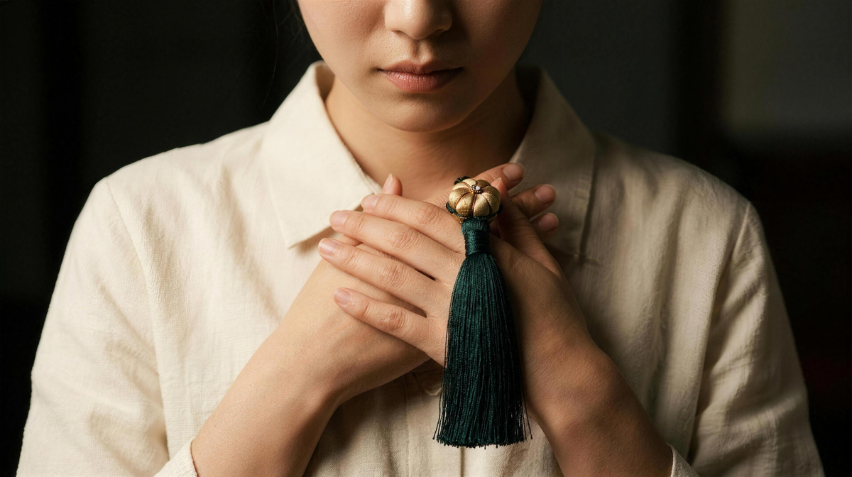 Young woman holding the pumpkin knot norigae close to her chest