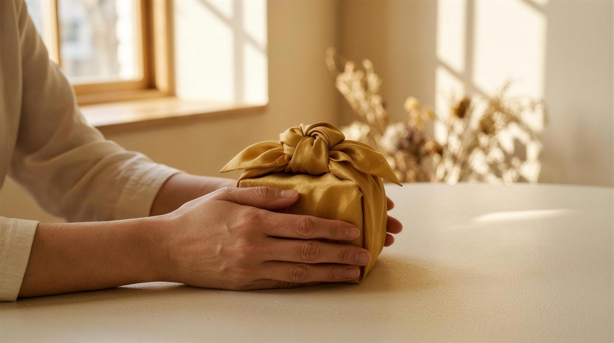 Hands holding a golden ochre bojagi-wrapped gift, centred