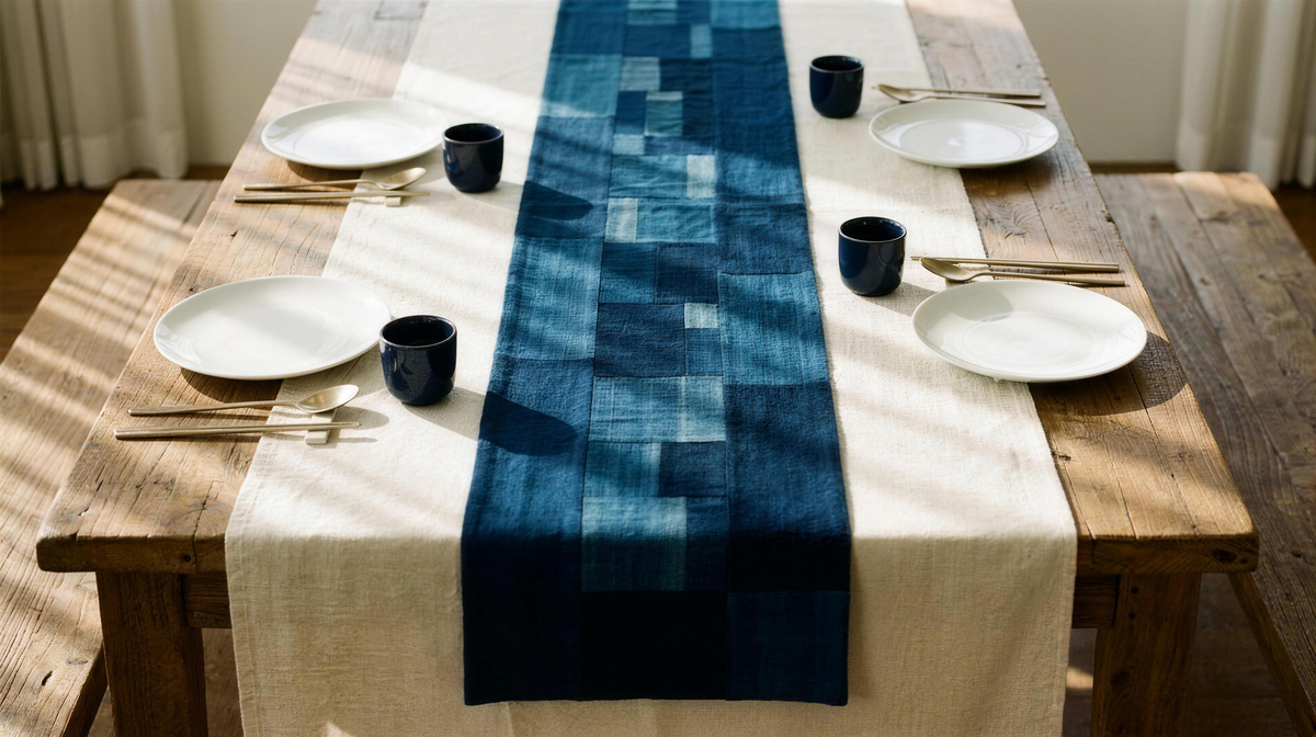 Korean table setting with indigo jogakbo runner, centred composition