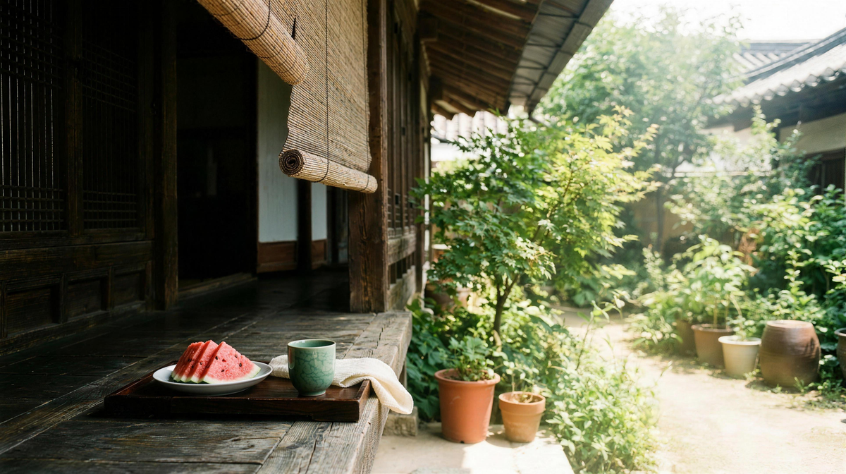 Shaded hanok maru porch in deep Korean summer — watermelon and cold barley tea on a wooden tray, sunlit green courtyard