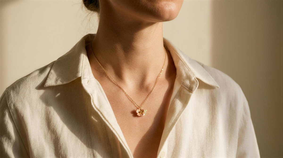 Woman in cream linen wearing the Toringo crabapple blossom necklace