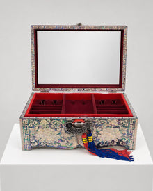 Black najeon Mokdan peony jewellery box open, showing mirrored lid and red velvet interior – PEUM