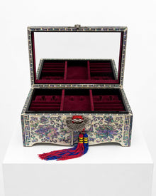 Colour Mokdan peony jewellery box open, showing mirrored lid and velvet compartments – PEUM